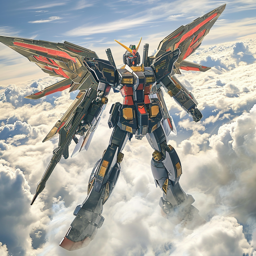 Black Spacegrey Gundam Figure on Clouds with Birds