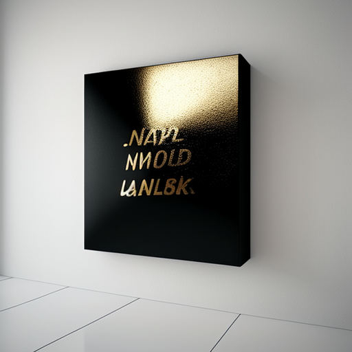 Black square acrylic with shiny gold lettering on white wall