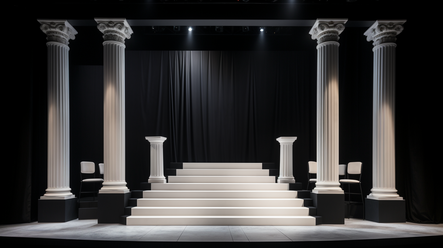 Elegant black stage with white staircase and Greek column