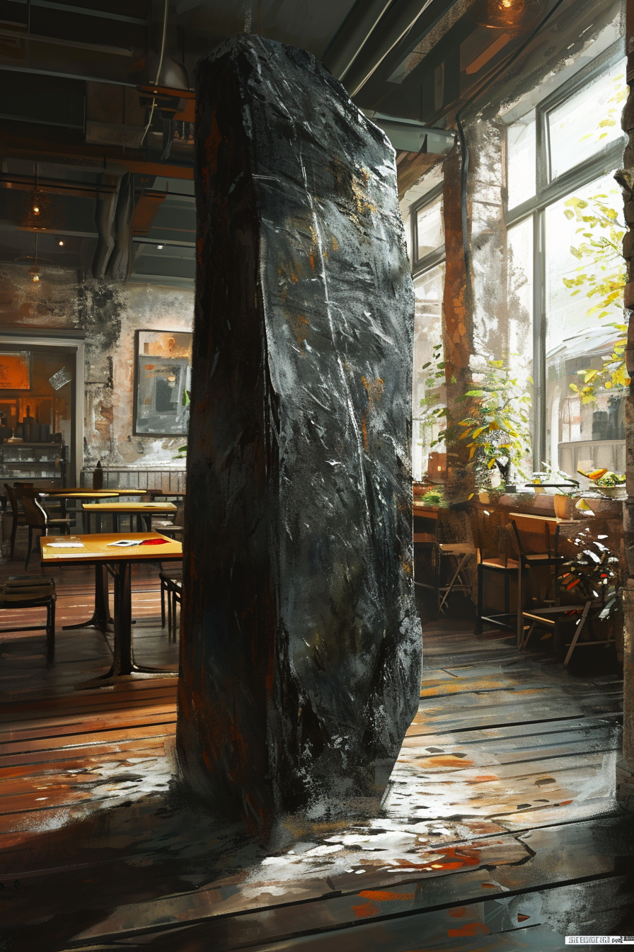 Image of black stone cylinder in cafe