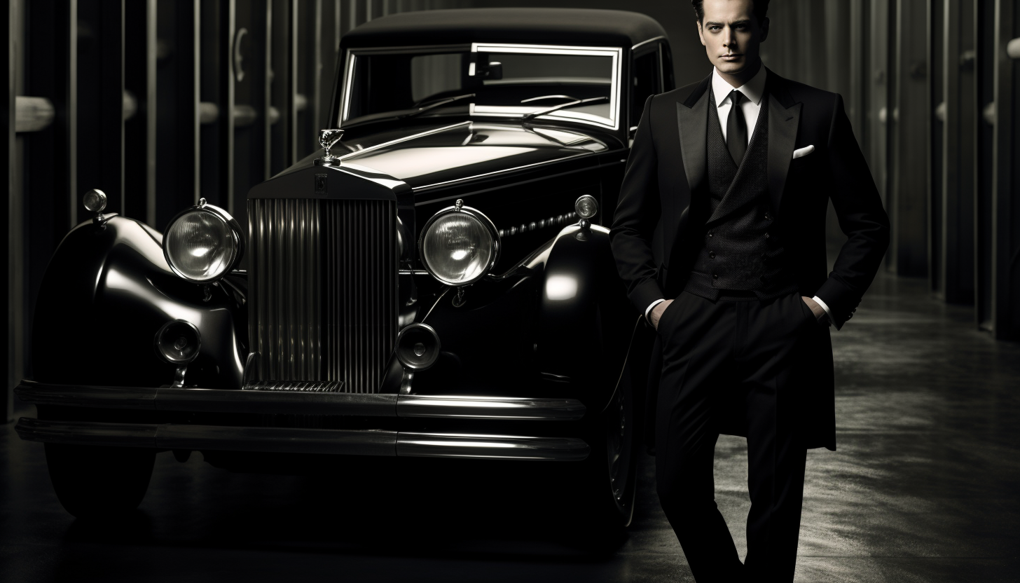 Elegant man in black suit driving luxury car