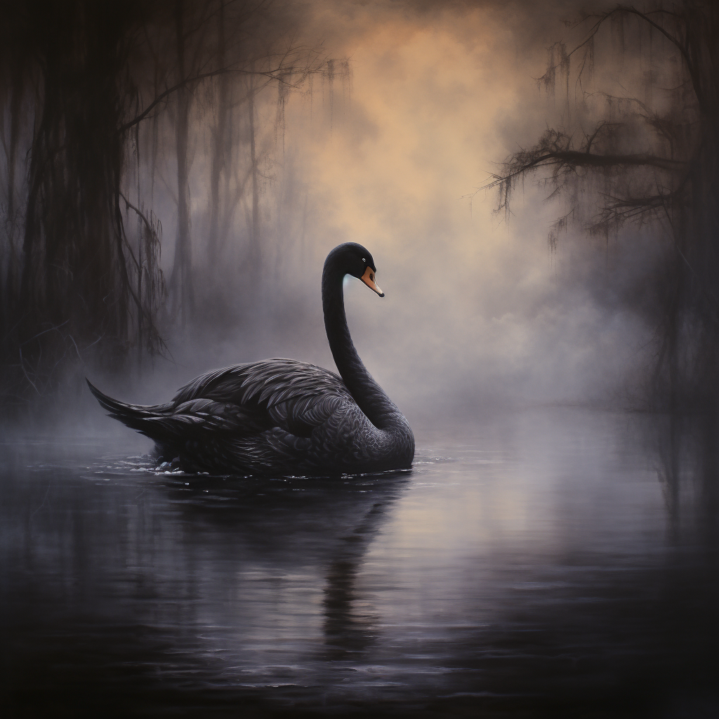 Black swan swimming gracefully in misty pond