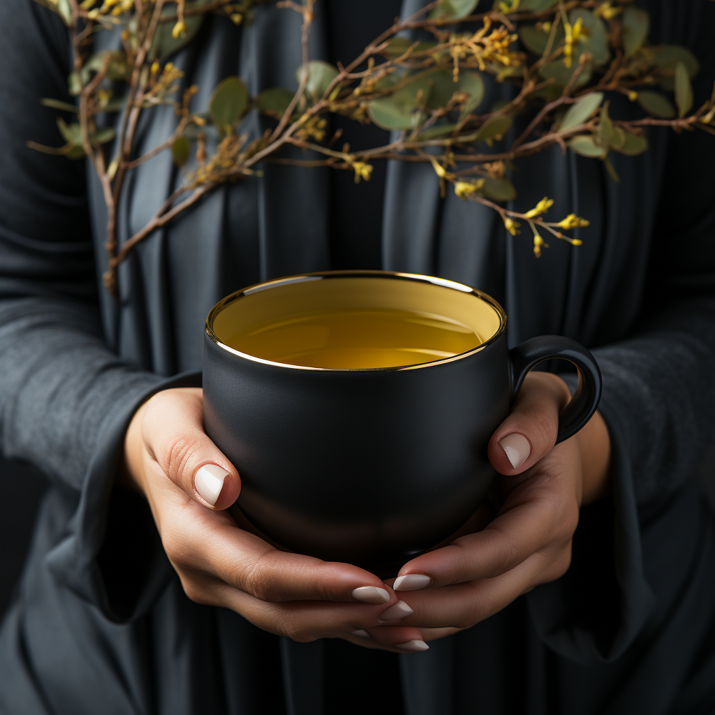 Female hands holding black tea cup on cement table