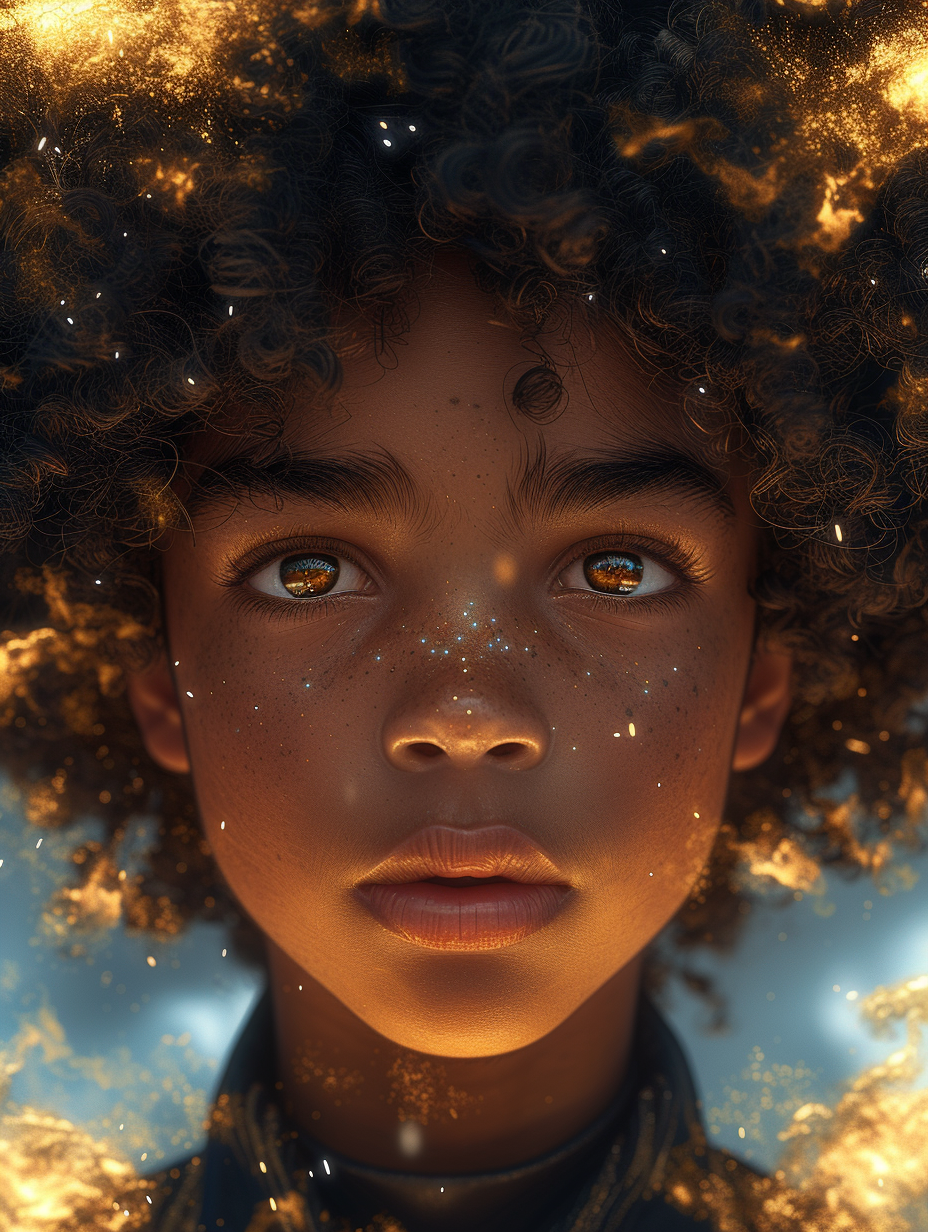 Black teenage boy with curly afro, close-up eyes