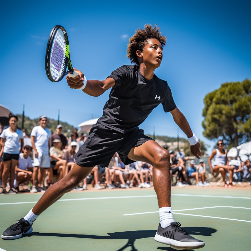 Black Teenage Tennis Player Smashing Ball at Youth Tournament