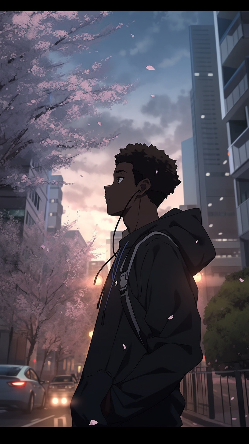 Black teenager in Tokyo Japan wearing a plain hoodie with cherry blossom trees