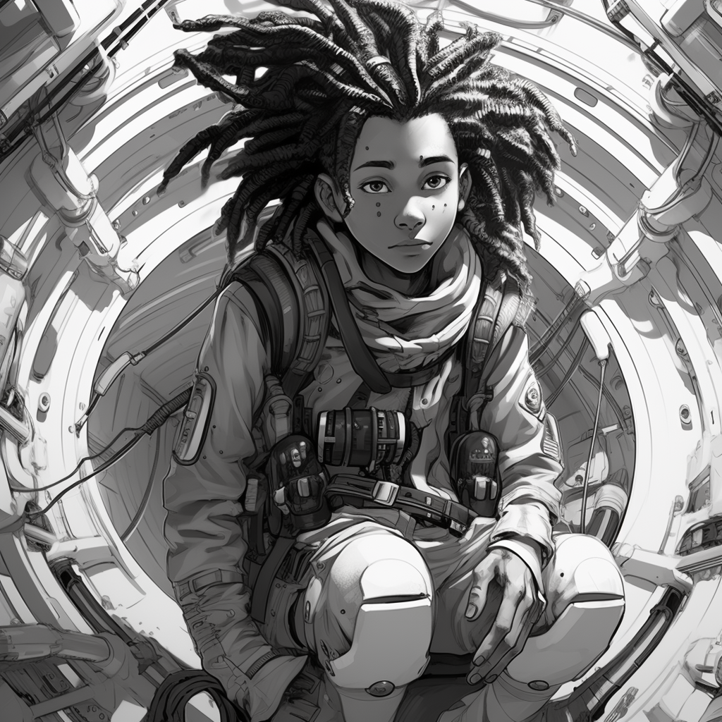 Black teenager in Viking armor with dreadlocks inside spaceship