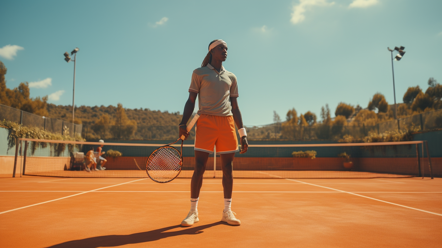 Black tennis player serving on clay court