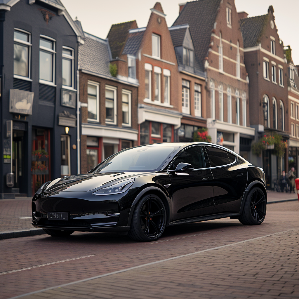 Black Tesla Model Y with Vossen Wheels on Dutch Street