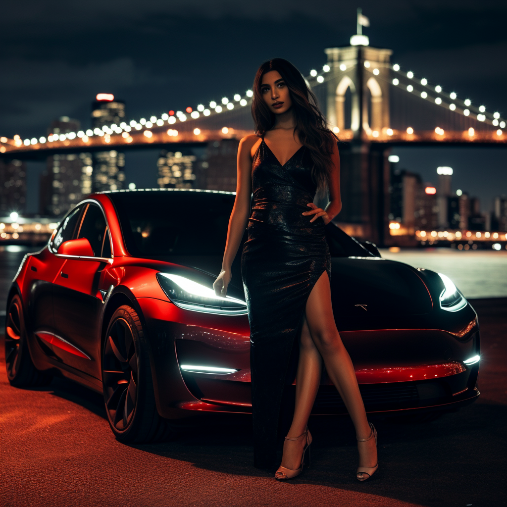 Spanish girl with Black Tesla and New York Skyline