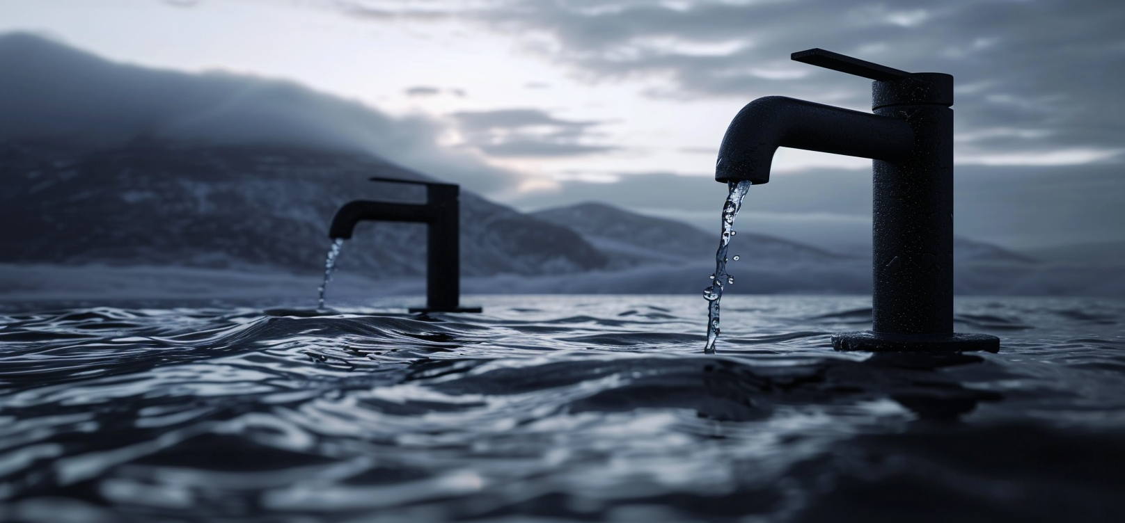 Two black textured faucets on the water surface