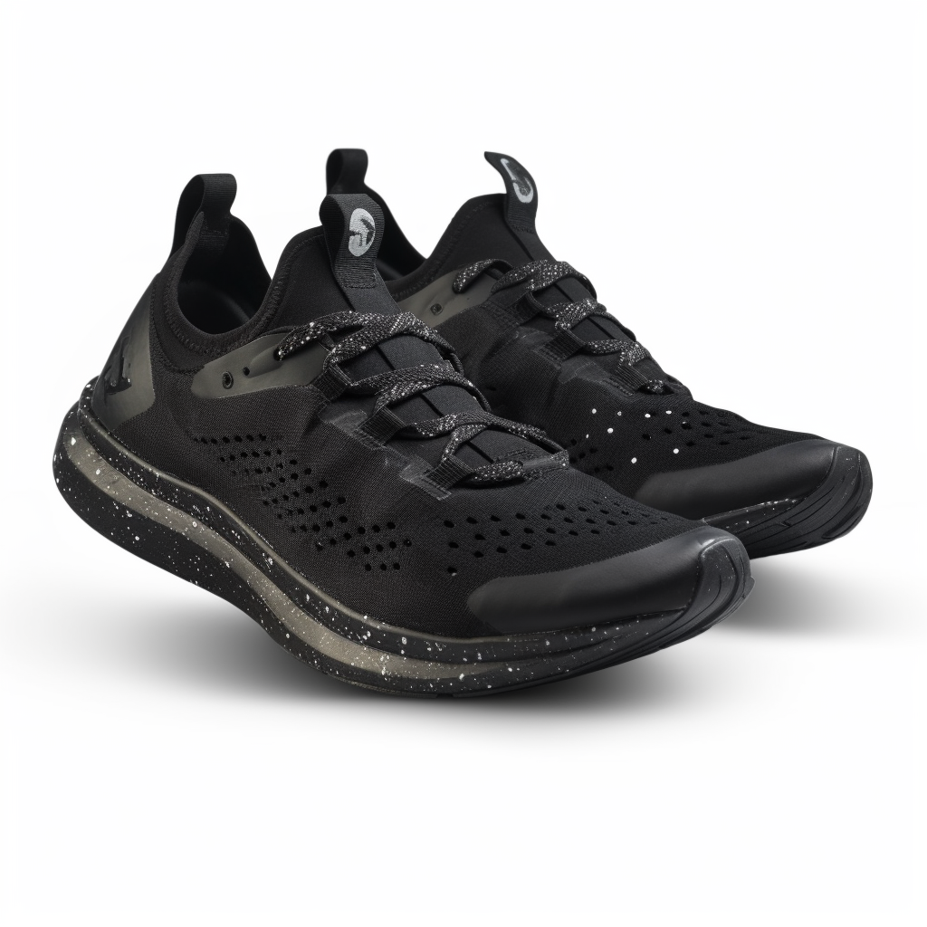 Black performance running shoe floating