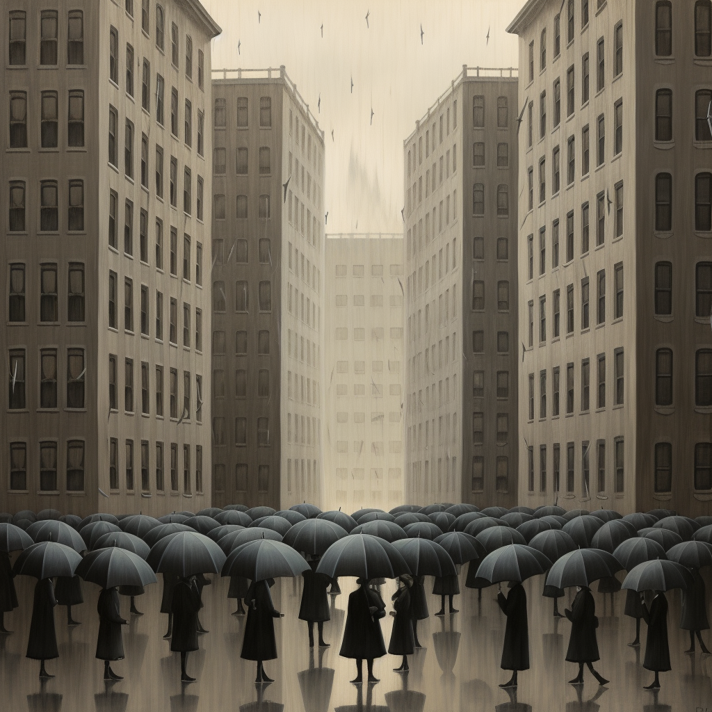 Group of People with Black Umbrellas and Buildings