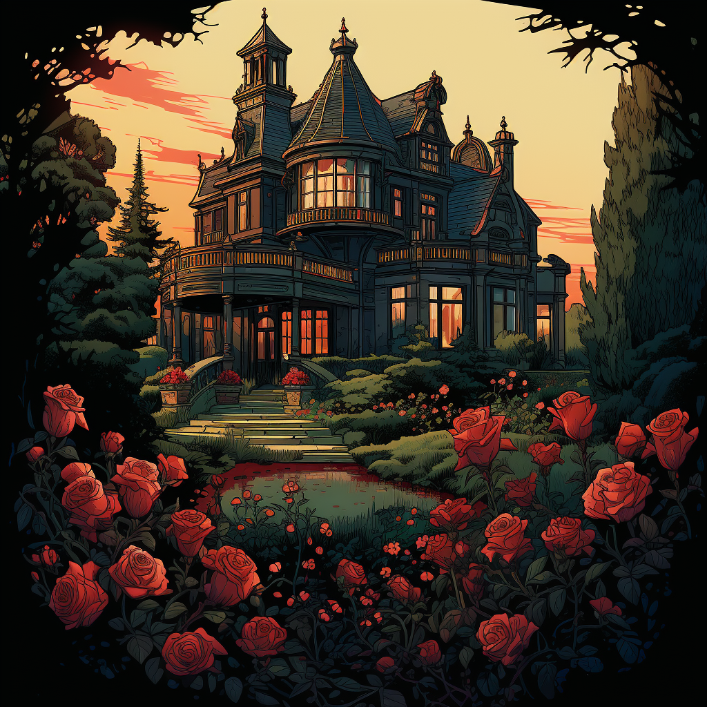 Victorian manor surrounded by red roses