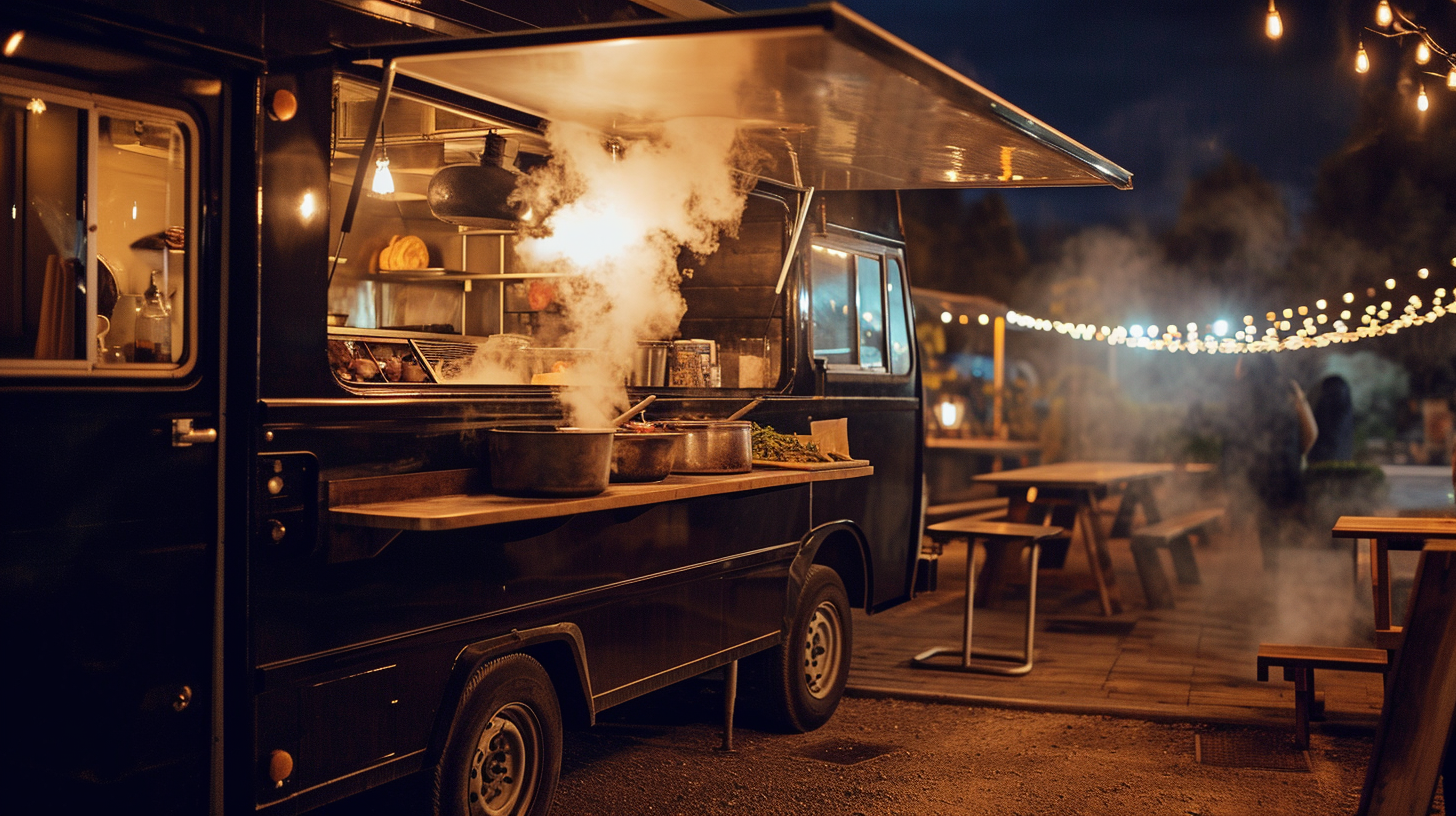 Black vintage food truck at night