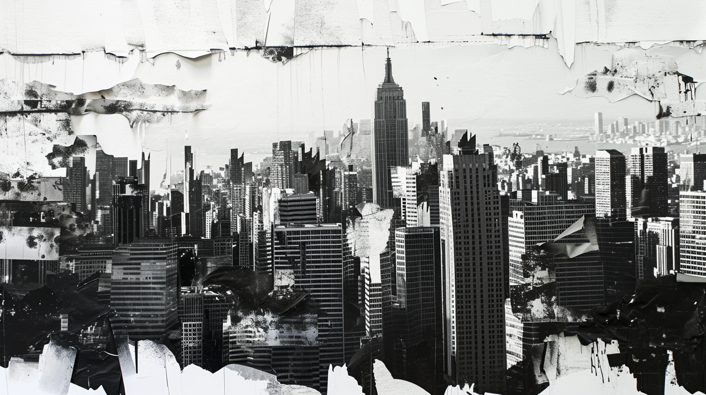 Black and white 3D collage of New York buildings