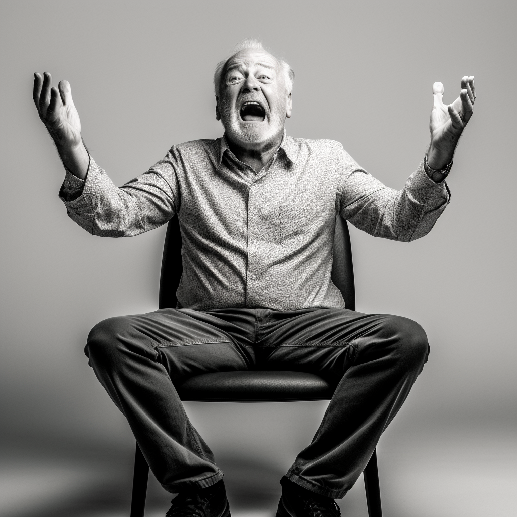 60 year old man sitting with hands raised