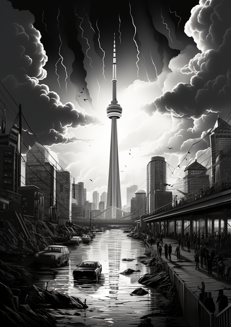 Black and white CN Tower chaos