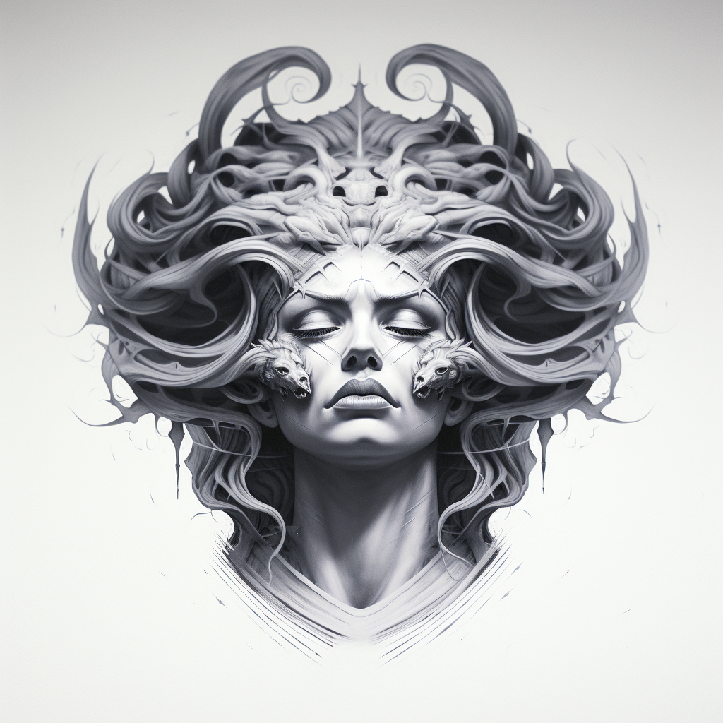 Medusa head drawing in black and white