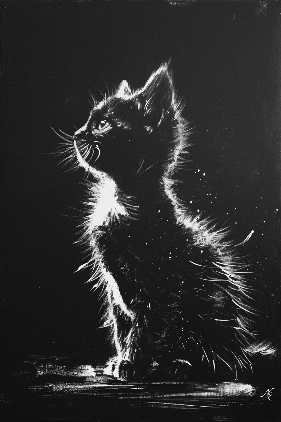 black and white acrylic painting kitten