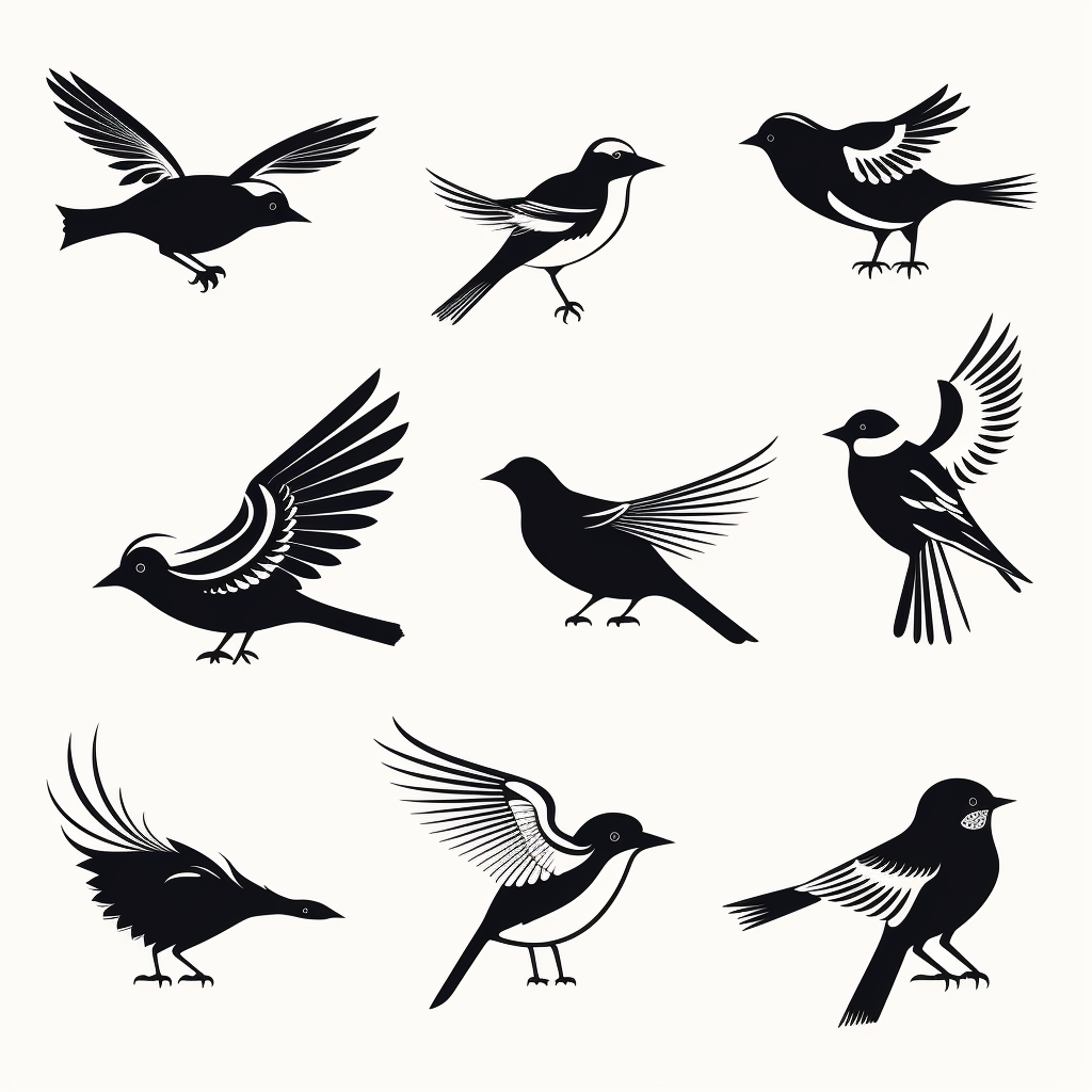 Silhouettes of black and white birds