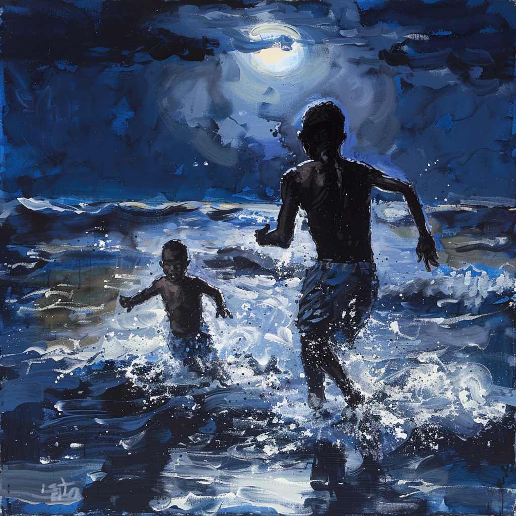 Two boys running beach night