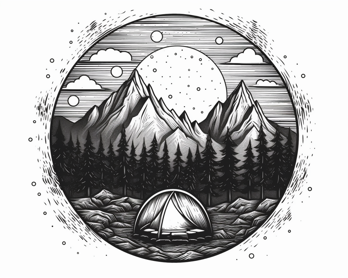 Simple line art of black and white campfire in mountain scenery