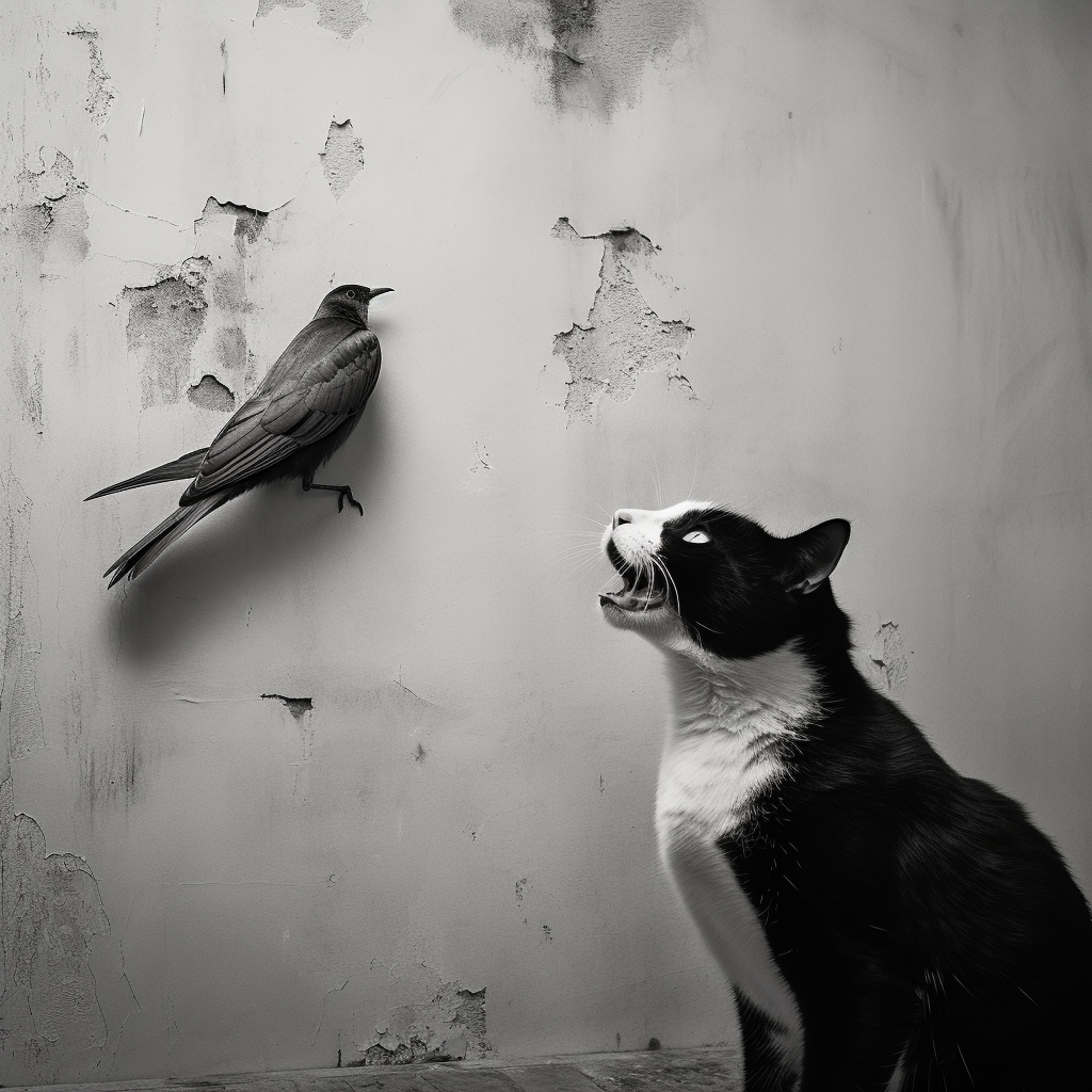 Black and white cave painting of cat eating bird