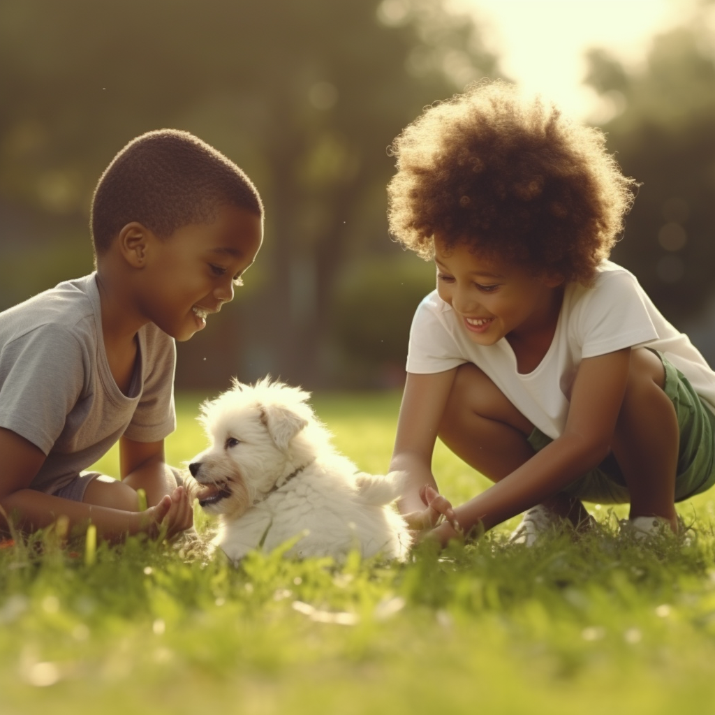 Black and white child playing with puppy