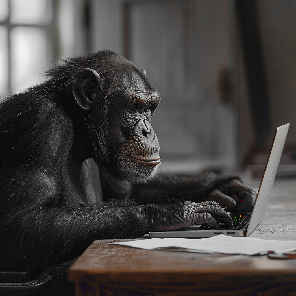 Chimpanzee at Desk with Mac Laptop