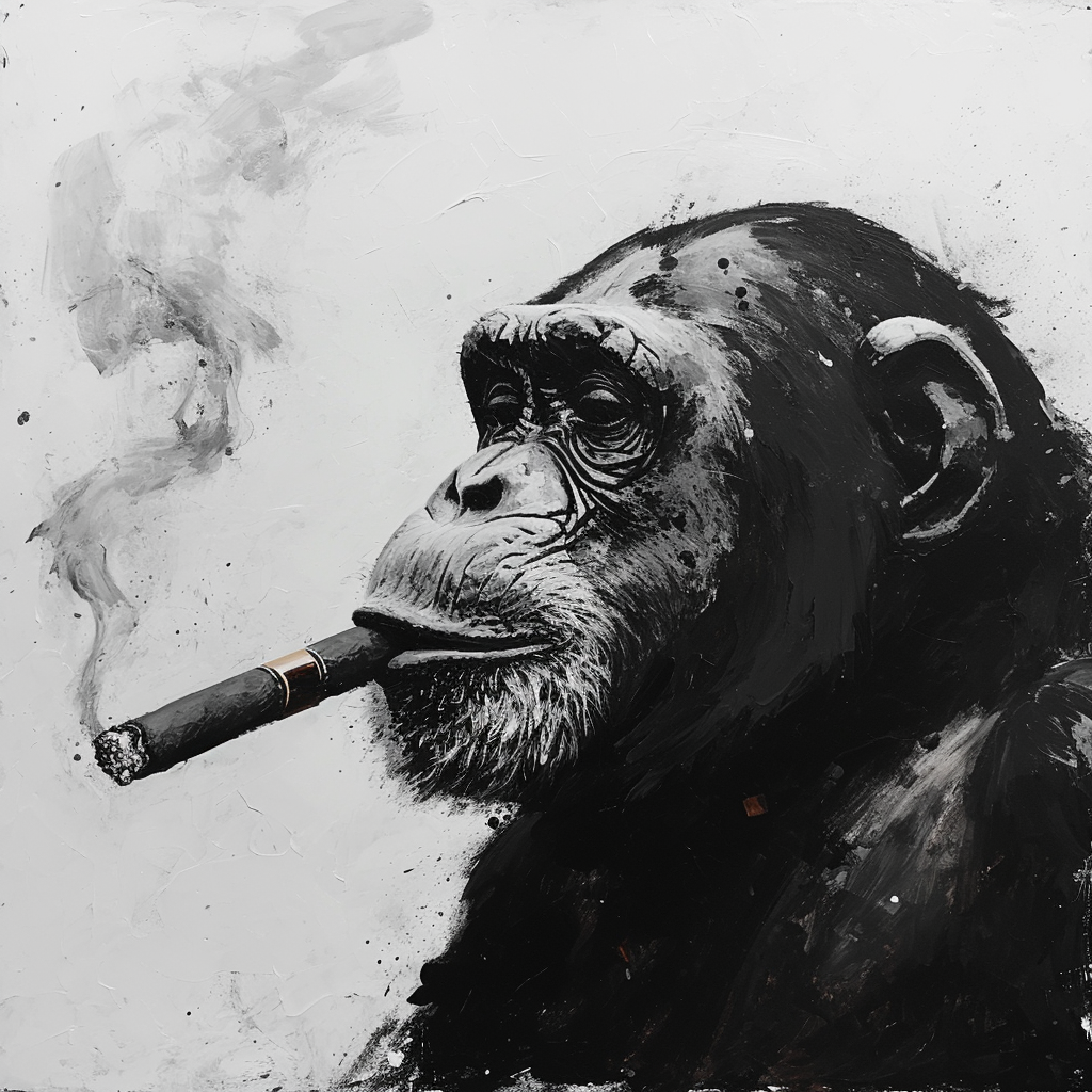 Black and white chimpanzee smoking cigar art