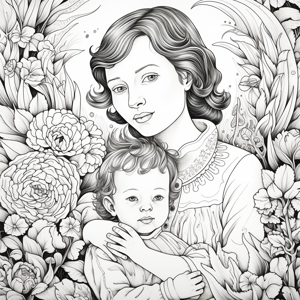 Mom and adult son on coloring book page