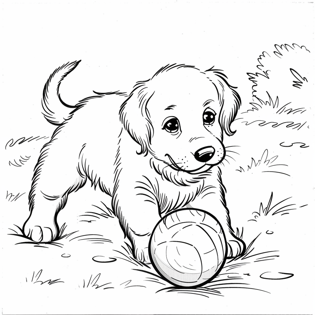 Cartoon golden retriever puppy playing with a ball