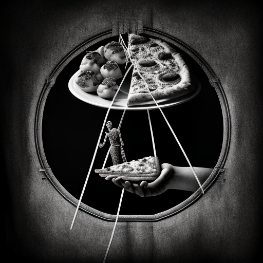 Black and white hand holding pizza with marionette strings