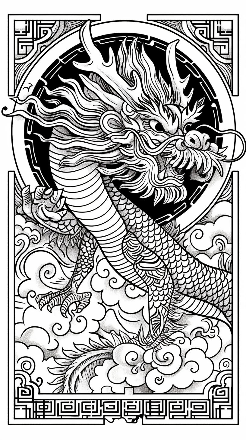 Dragon coloring book illustration with Chinese border and flowers