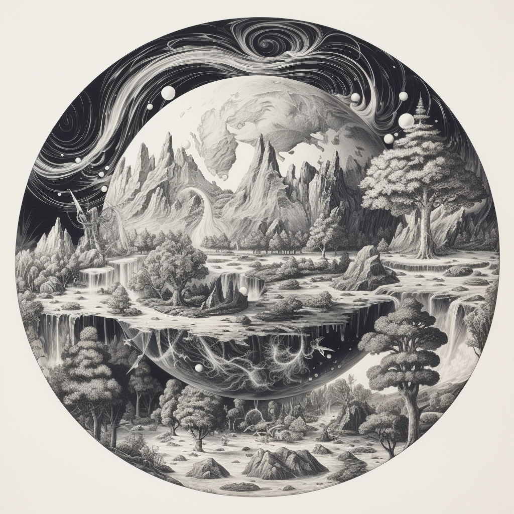 Black and white Earth drawing in Jan Brueghel style