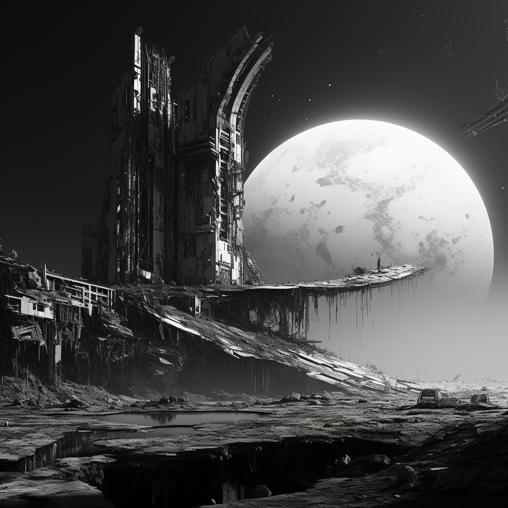 Black and White Futuristic Building Ruins