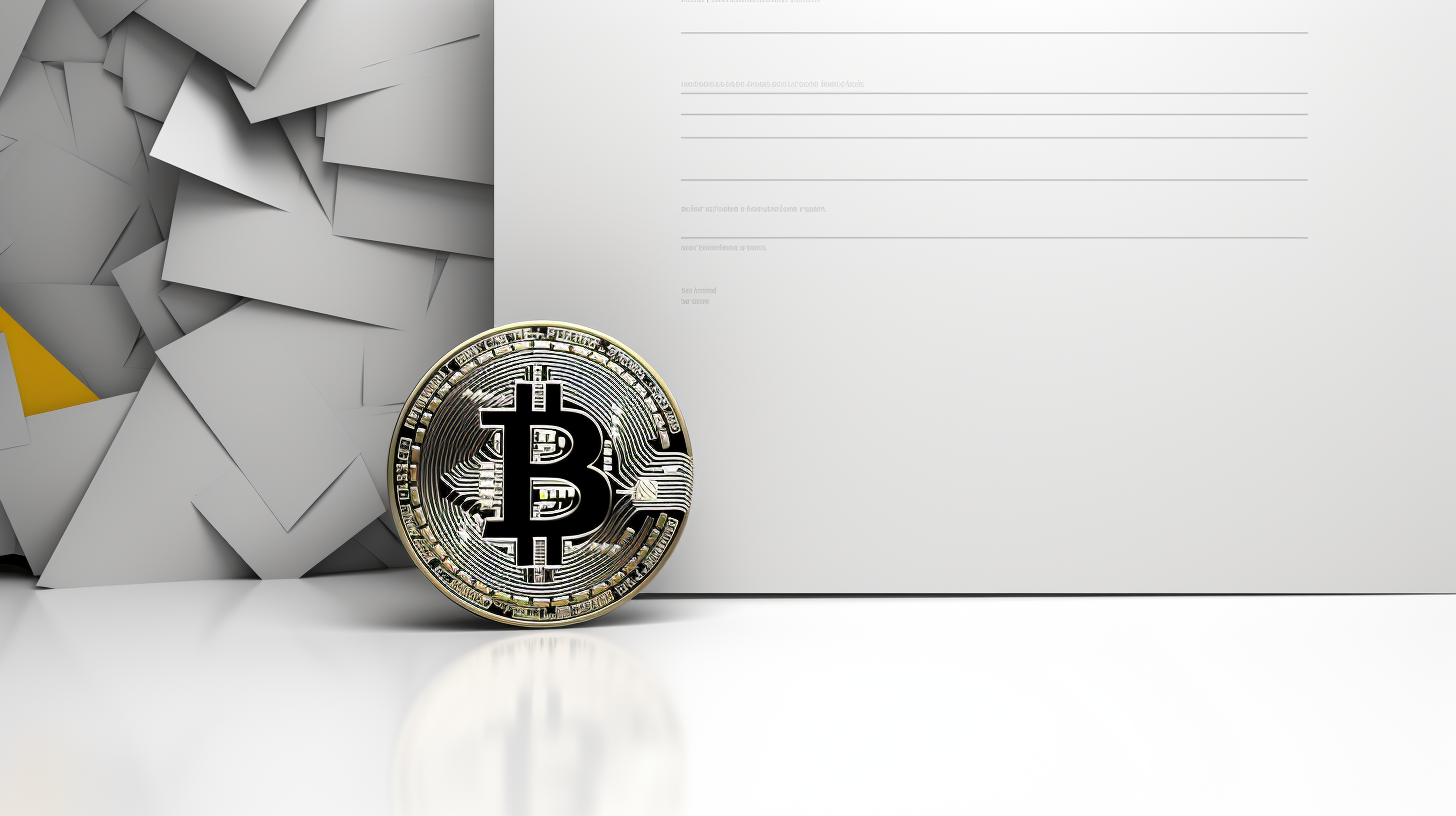 Bitcoin icon on black and white gradient with yellow paper