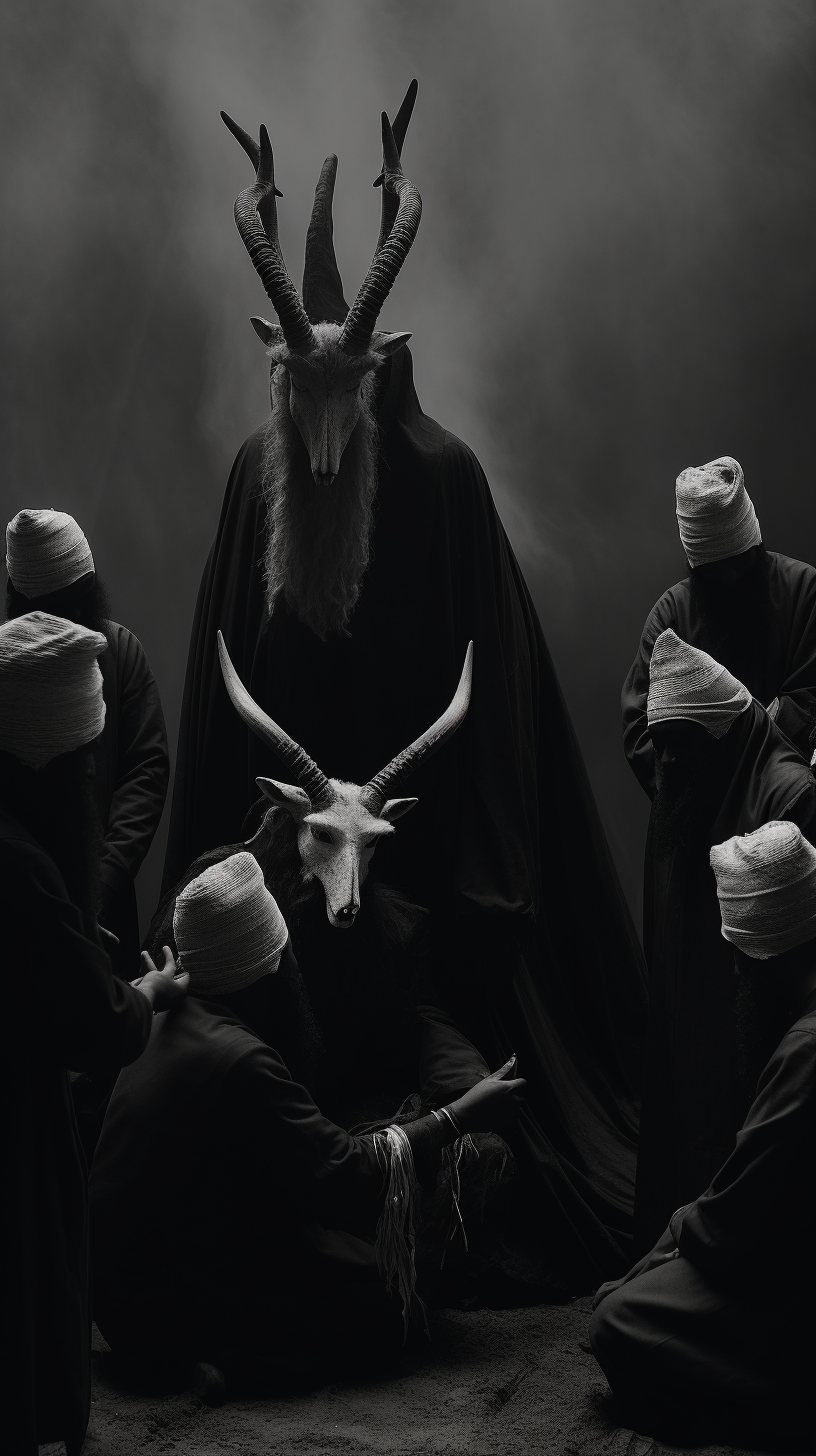 group of people in cloaks preparing a goat