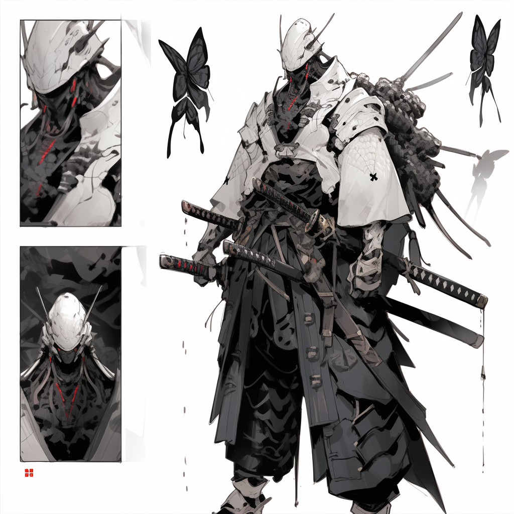 Black and white insect creature in samurai attire