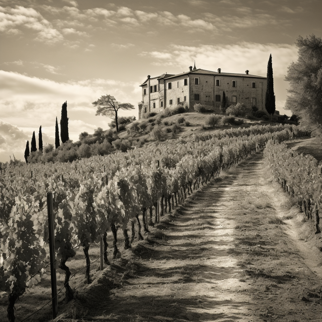 Italian Estate with Vineyard in Black and White