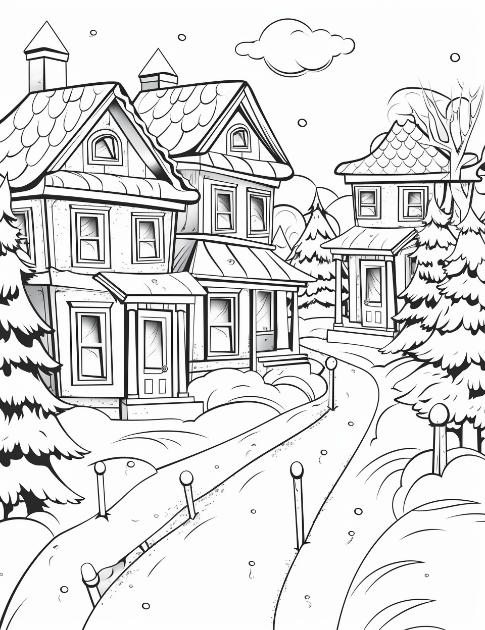 Cartoonish black and white Christmas scene