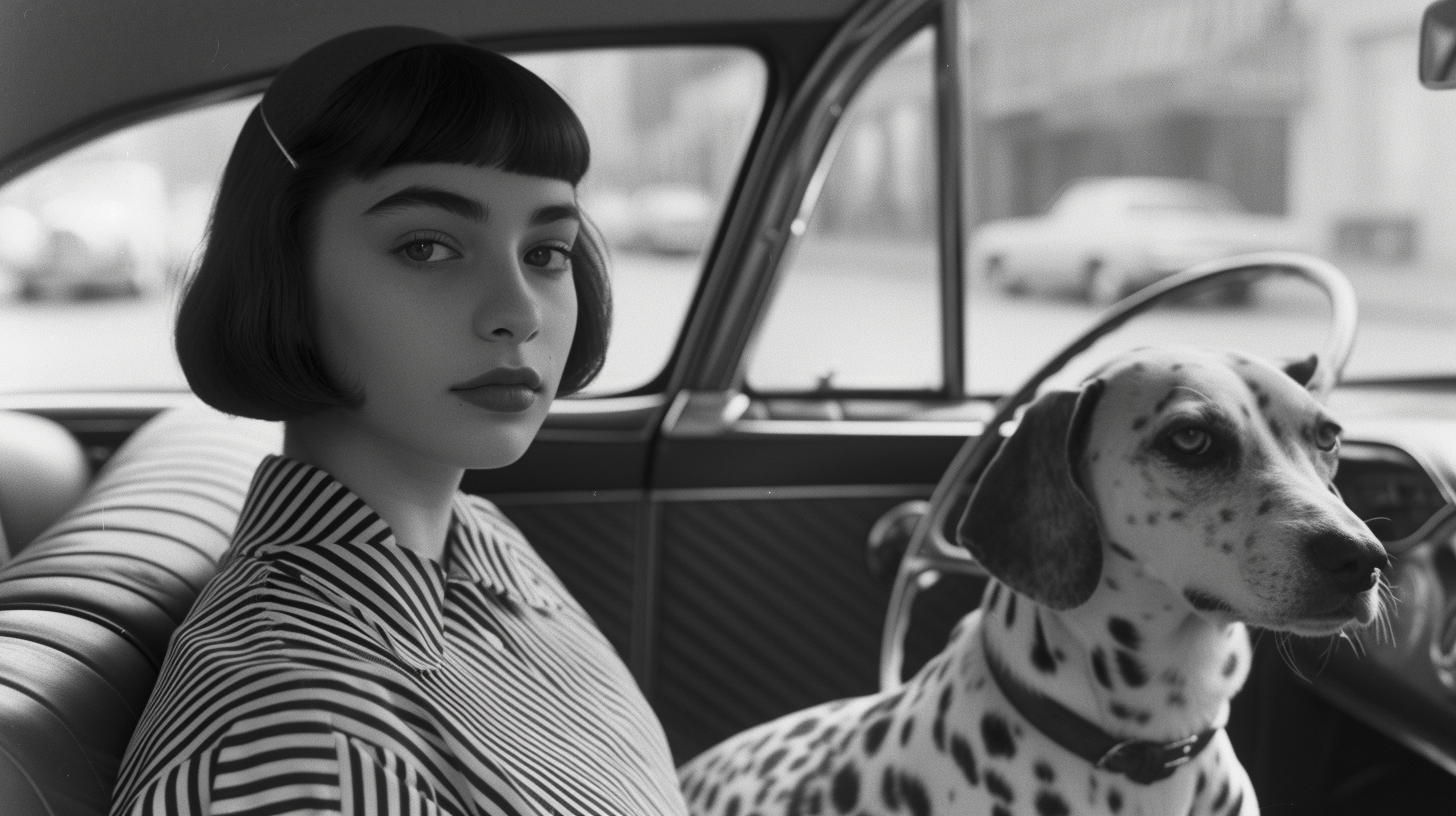 Black and white photo of girl in Chrysler