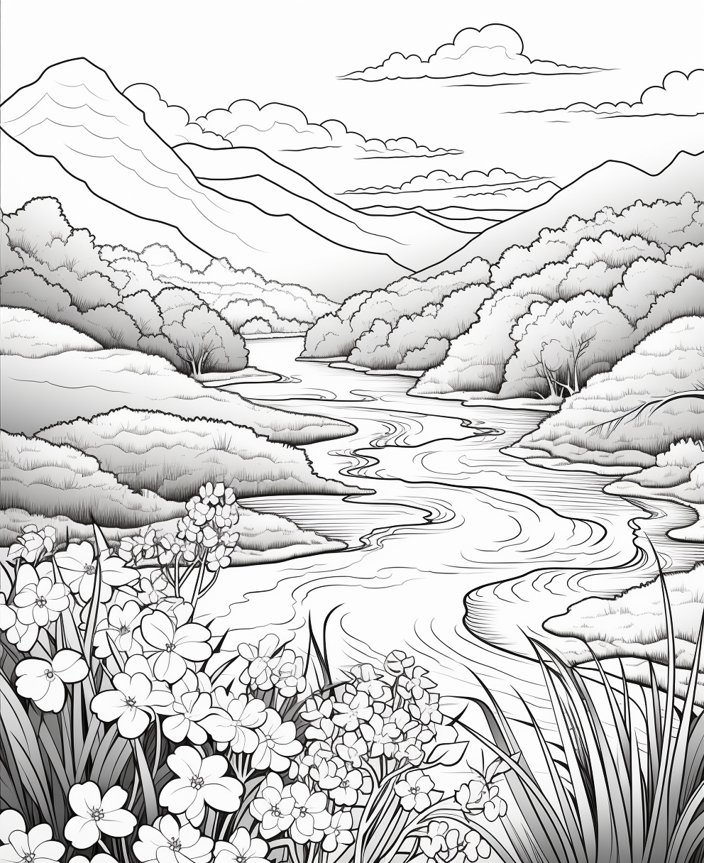 Black and White Landscape with Summer Flowers