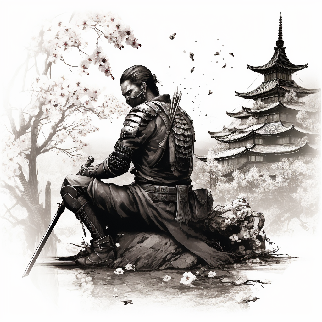 Black and white tattoo design with samurai and cherry blossom