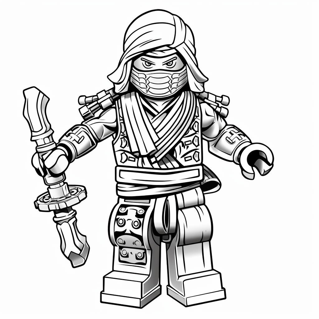 Black white line drawing adult coloring book Lego Ninjago character