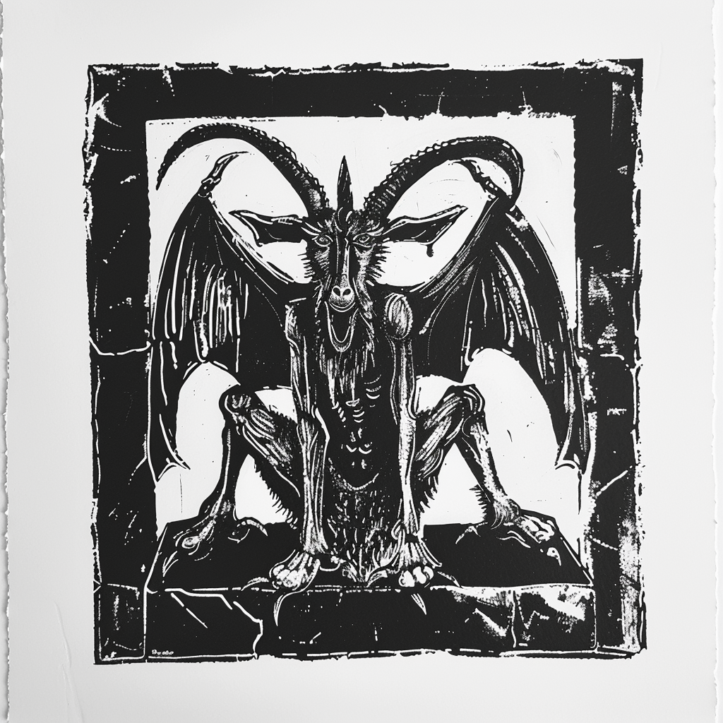 Baphomet lino print in black white