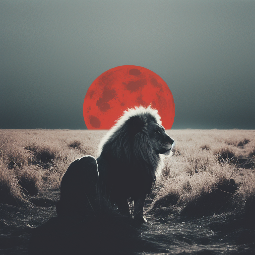 Beautiful lion gazing at red sun