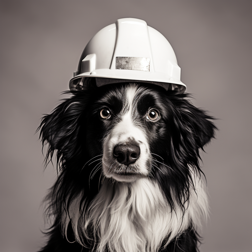 Black and white longhaired border collie with hard hat