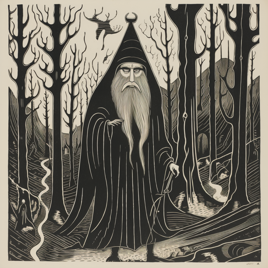 Black and white lubki Russian style wizard in forest